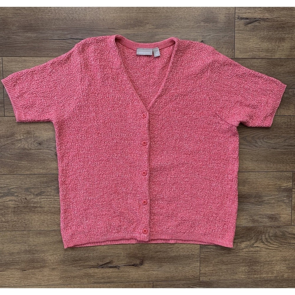 Nordstrom Women's Large Pink Short Sleeve Button Knit Textured Cardigan Sweater